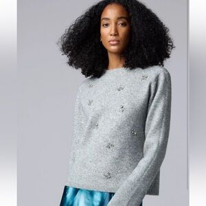 Simply Vera Vera Wang Light Gray Embellished Crewneck Sweater rhinestones beaded